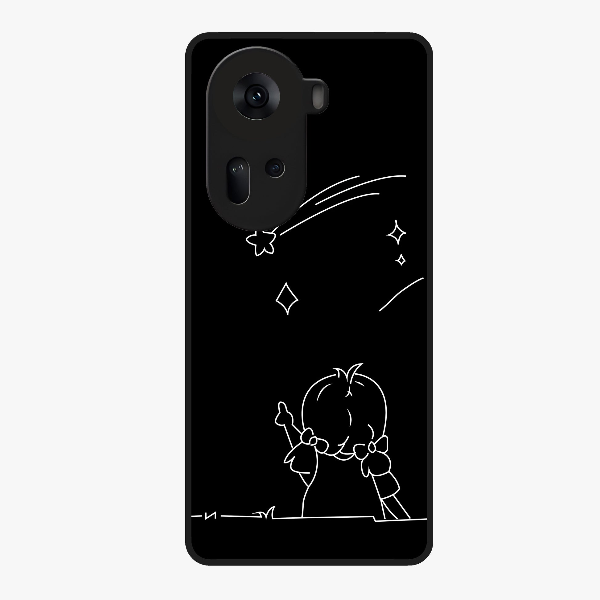 Line Art Girl With Shooting Stars Glass Case showing flat back view with minimal line art girl and shooting stars illustration and glossy glass finish.