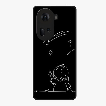 Line Art Girl With Shooting Stars Glass Case showing flat back view with minimal line art girl and shooting stars illustration and glossy glass finish.