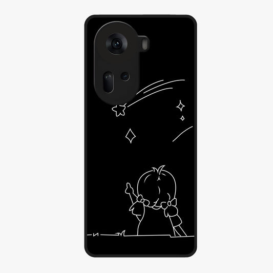 Line Art Girl With Shooting Stars Glass Case showing flat back view with minimal line art girl and shooting stars illustration and glossy glass finish.