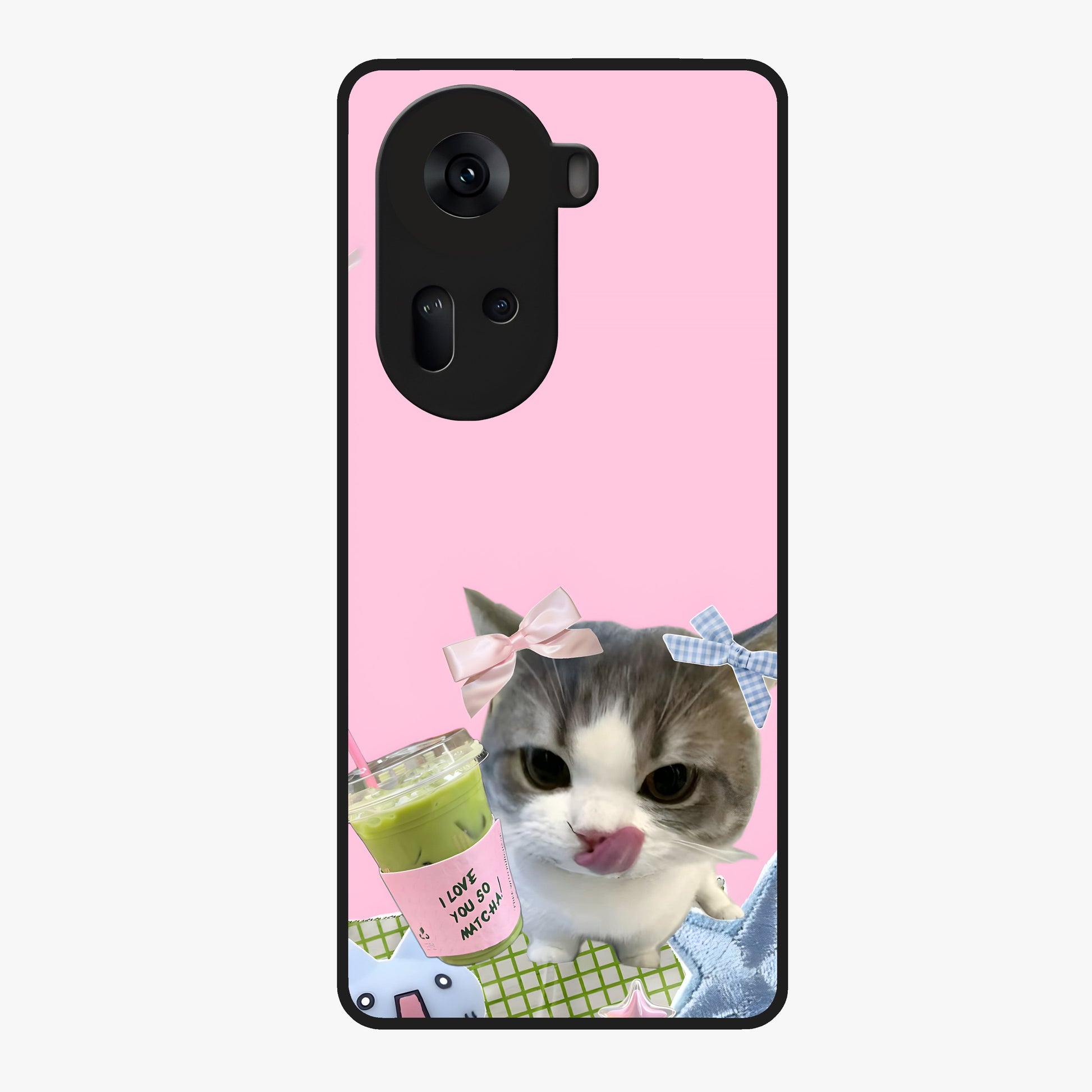 Love Matcha Cat Glass Case showing flat back view with cute cat and matcha themed artwork and glossy glass finish.