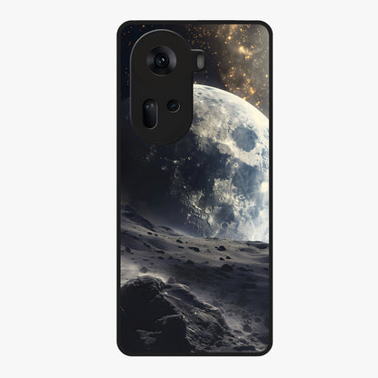 Lunar Horizon Glow Glass Case showing flat back view with glowing moon horizon artwork and glossy glass finish.