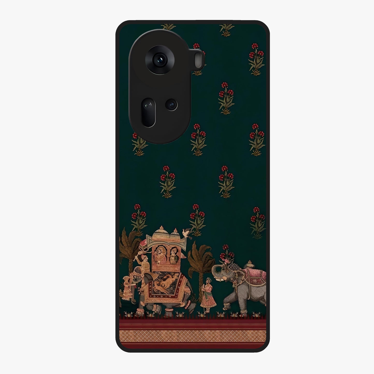 Macmerise Glass Case showing flat back view with stylish modern artwork and glossy glass finish.