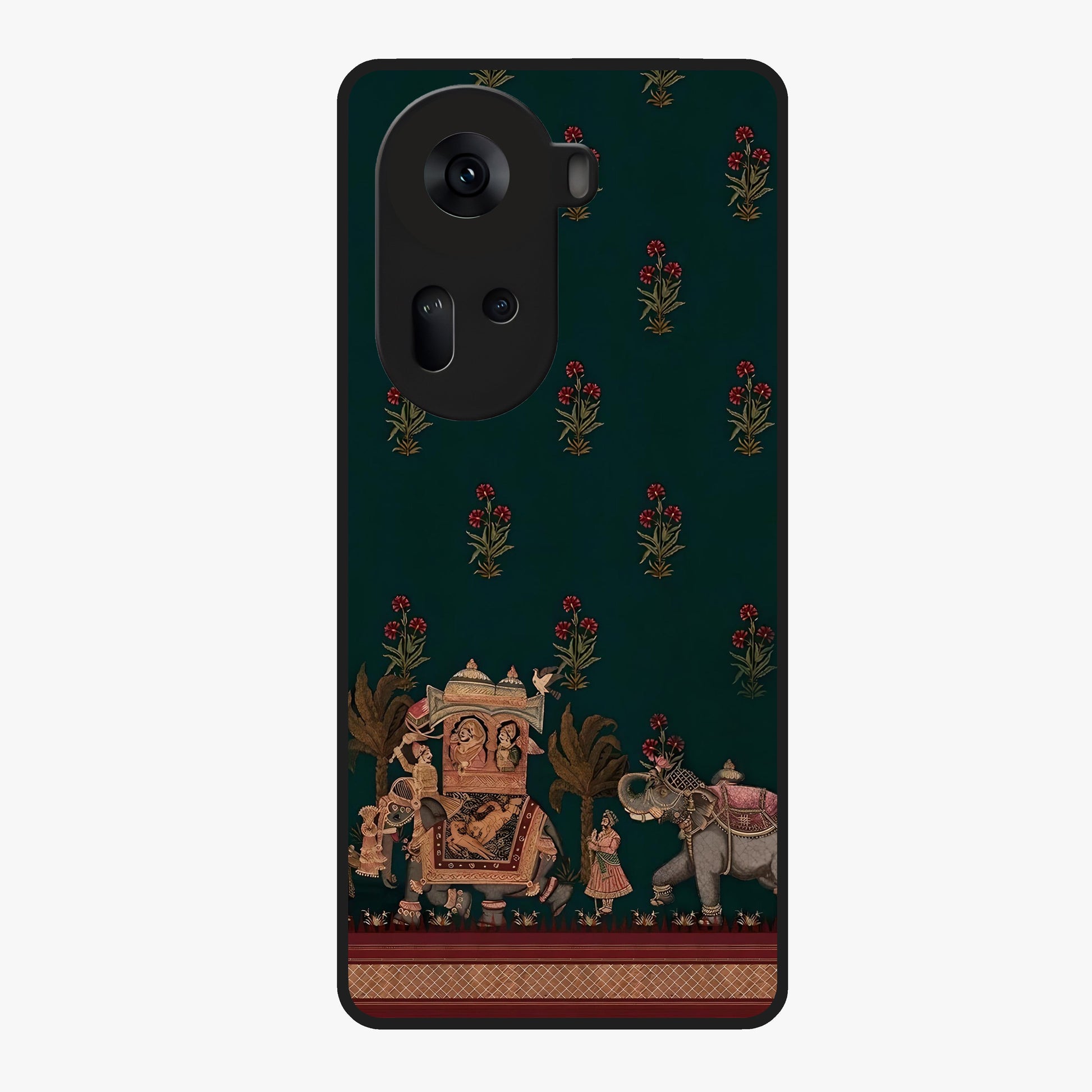 Macmerise Glass Case showing flat back view with stylish modern artwork and glossy glass finish.