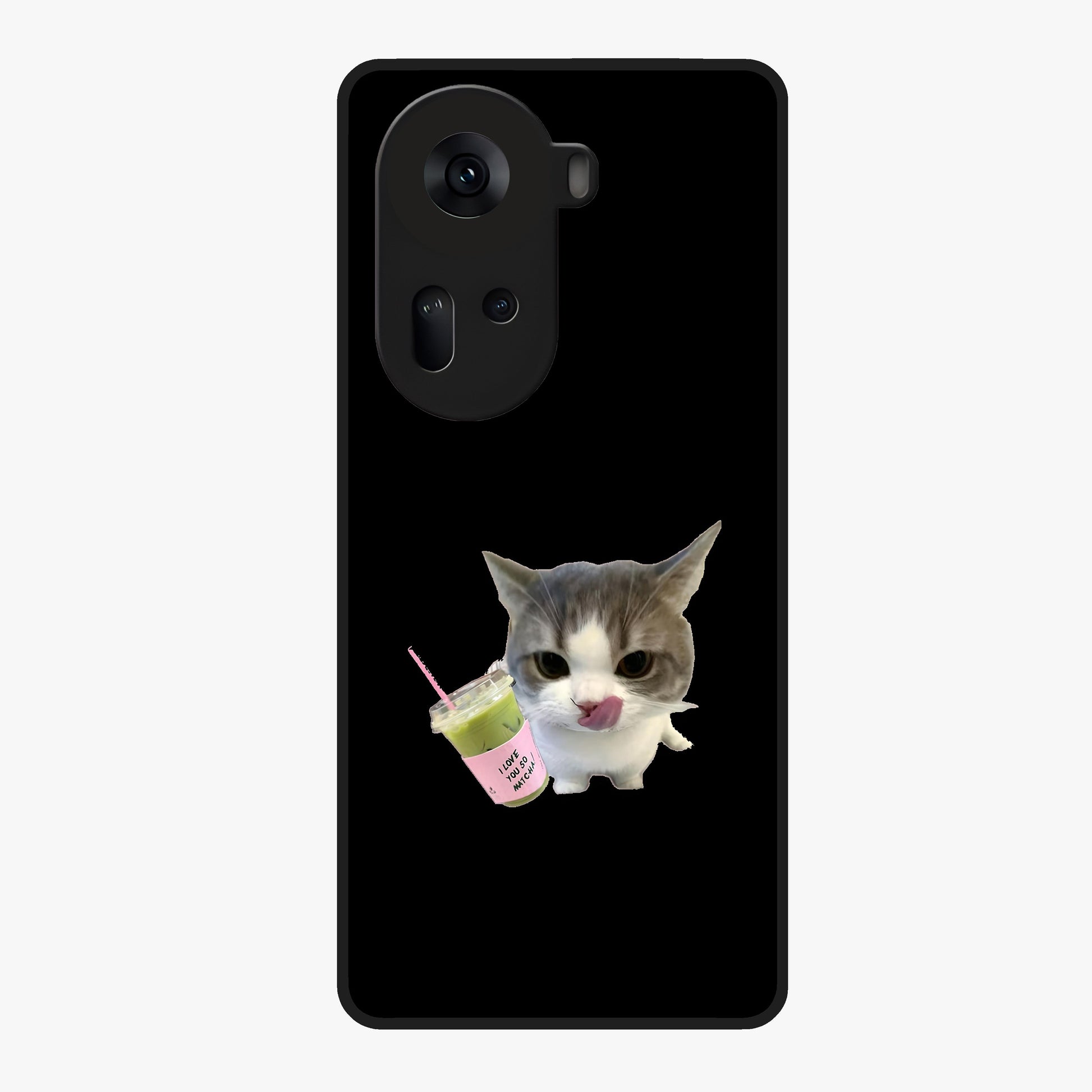Matcha Cat Style Glass Case showing flat back view with cute matcha themed cat artwork and glossy glass finish.