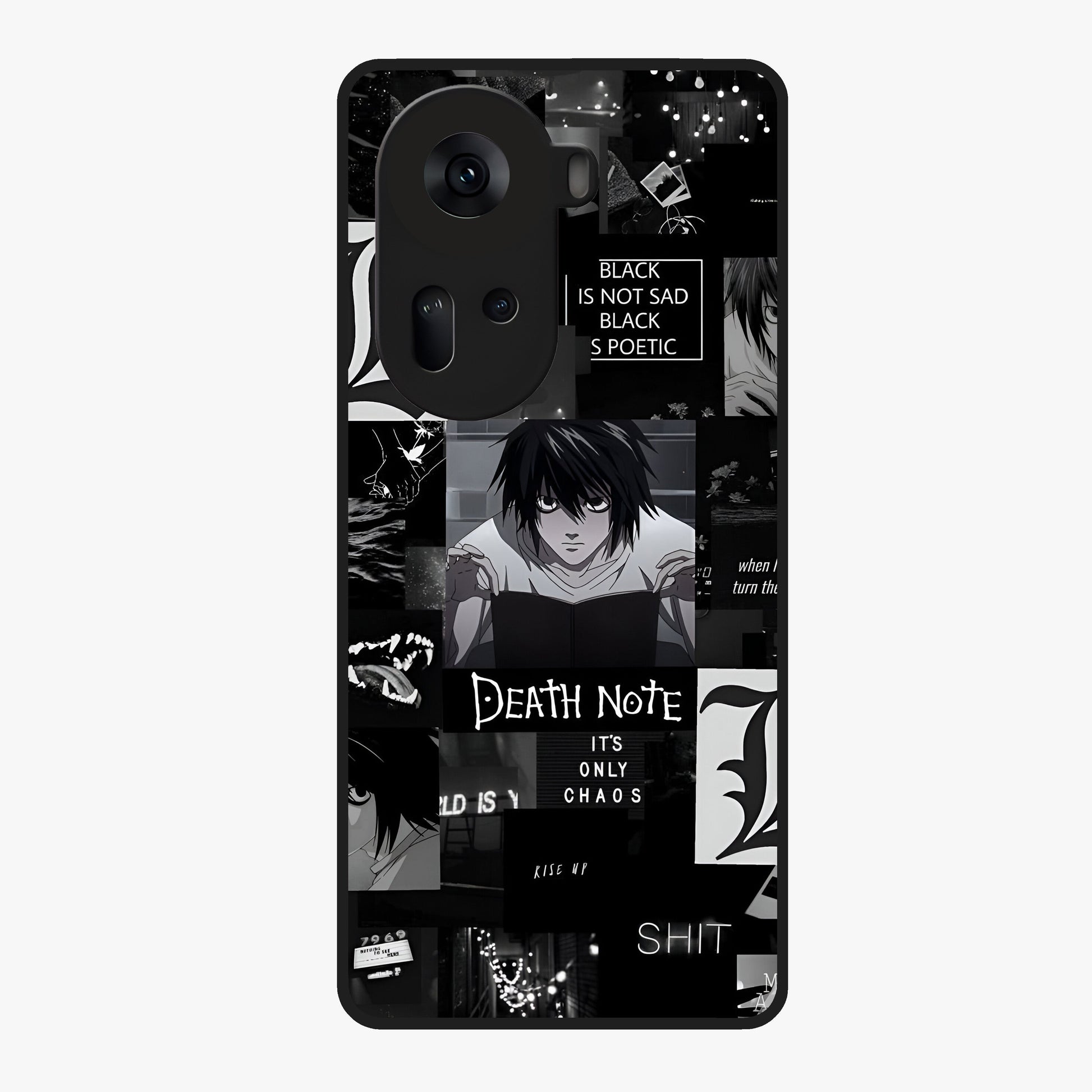 Midnight Chaos Mind Glass Case showing flat back view with abstract dark themed artwork and glossy glass finish.
