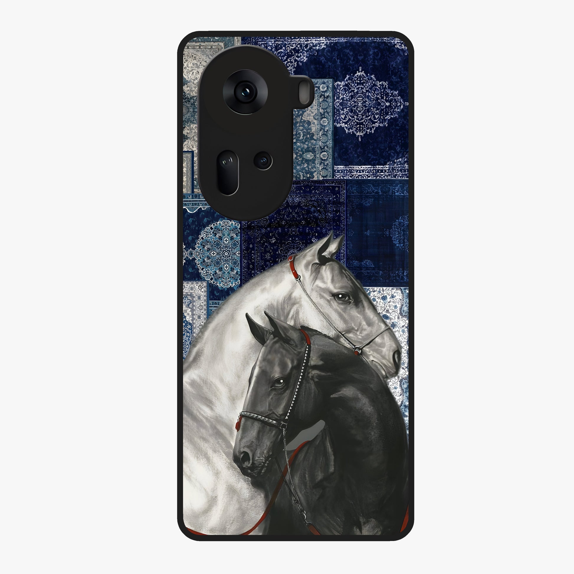Midnight Stallion Blues Glass Case showing flat back view with majestic horse artwork and glossy glass finish.