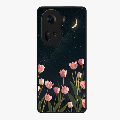 Midnight Tulip Whispers Vibe Glass Case showing flat back view with elegant tulip flower artwork and glossy glass finish.