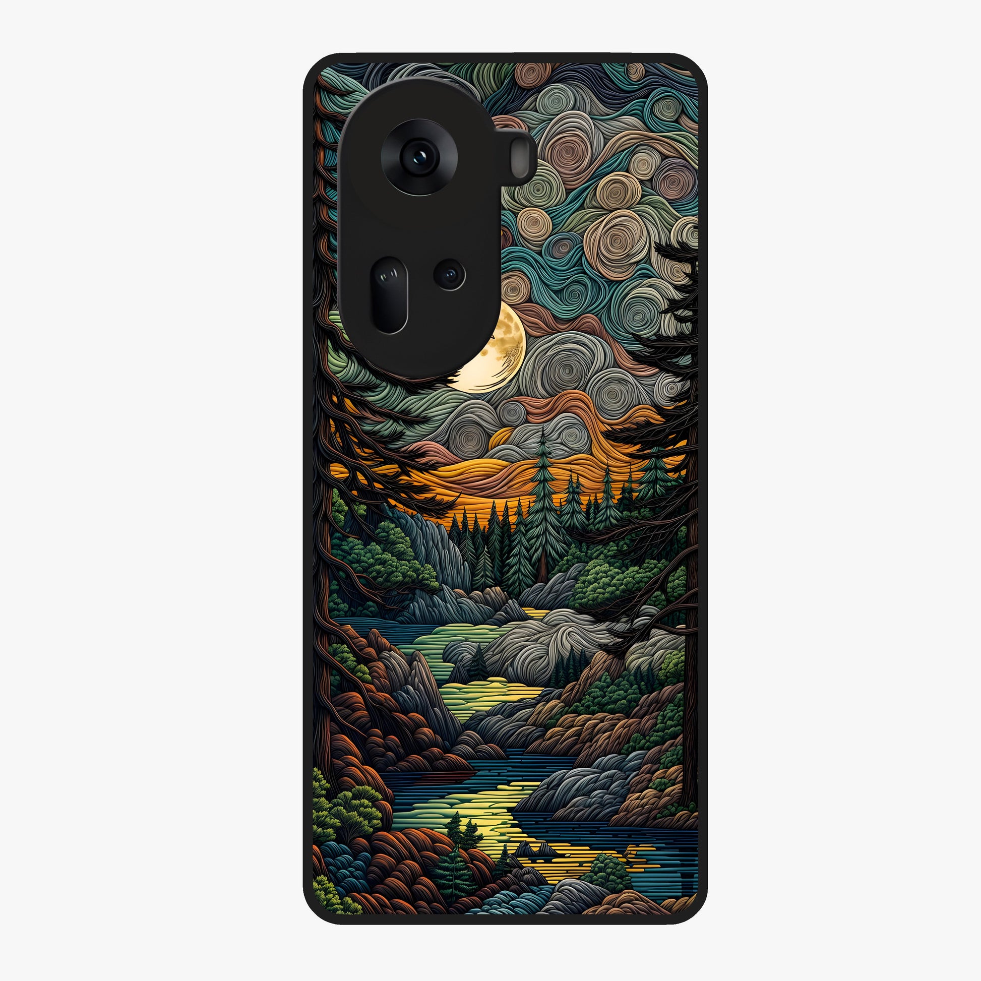 Moonlight Forest Dream Glass Case showing flat back view with mystical forest moonlight artwork and glossy glass finish.