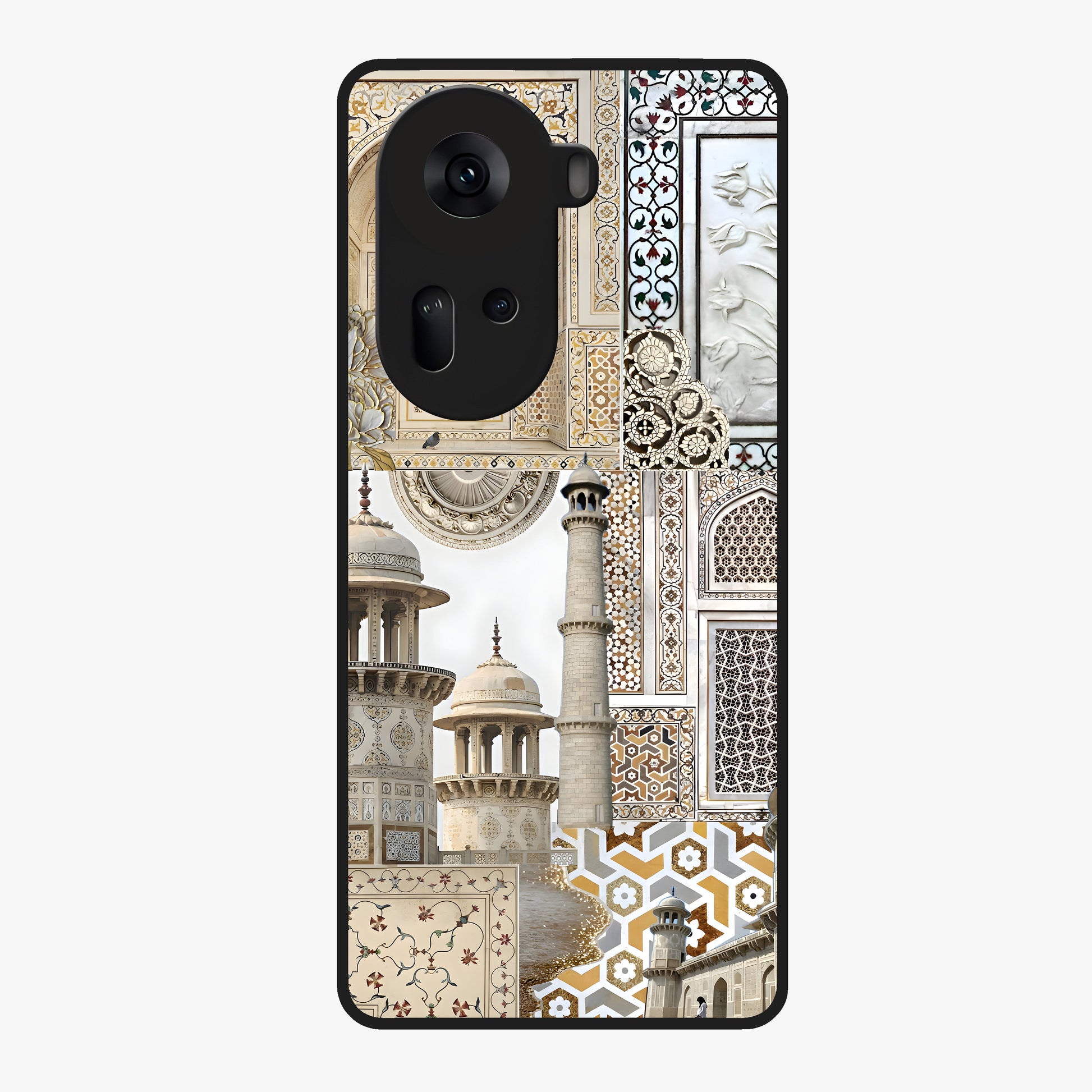 Mughal Marble Legacy Glass Case showing flat back view with intricate Mughal inspired marble pattern and glossy glass finish.