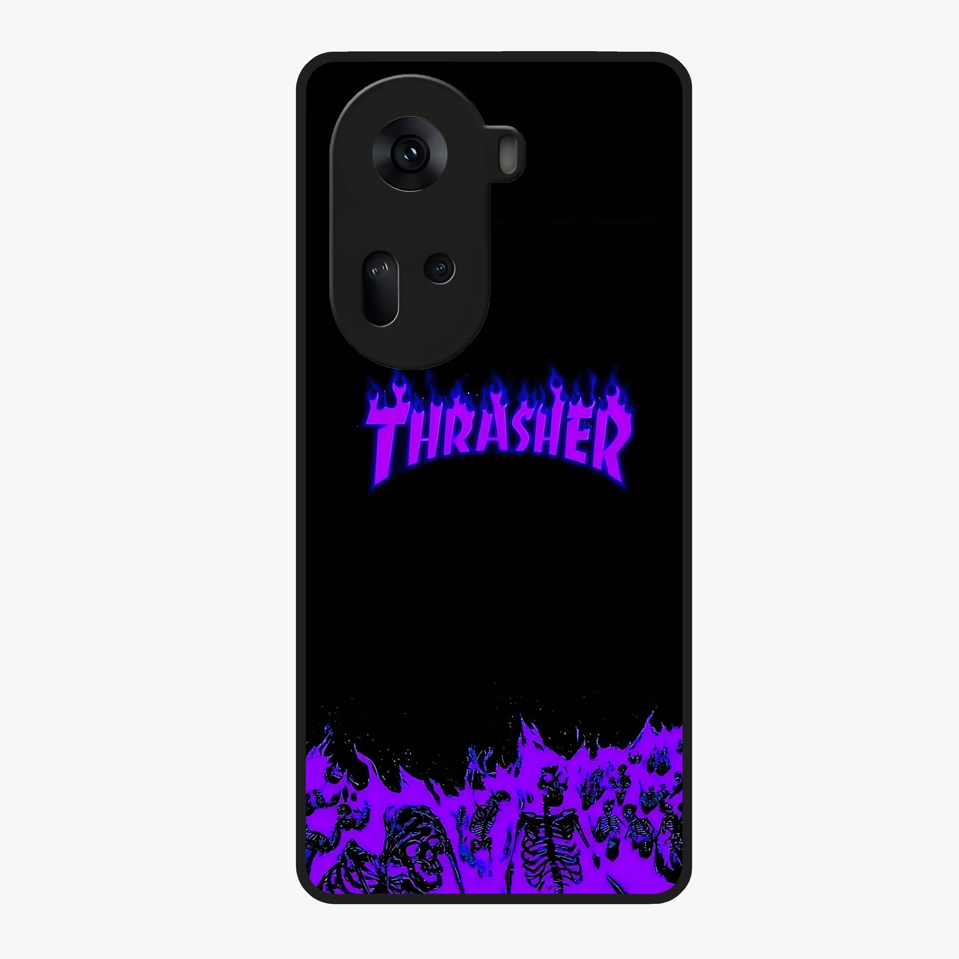 Neon Flame Riot Glass Case showing flat back view with neon flame artwork and glossy glass finish.
