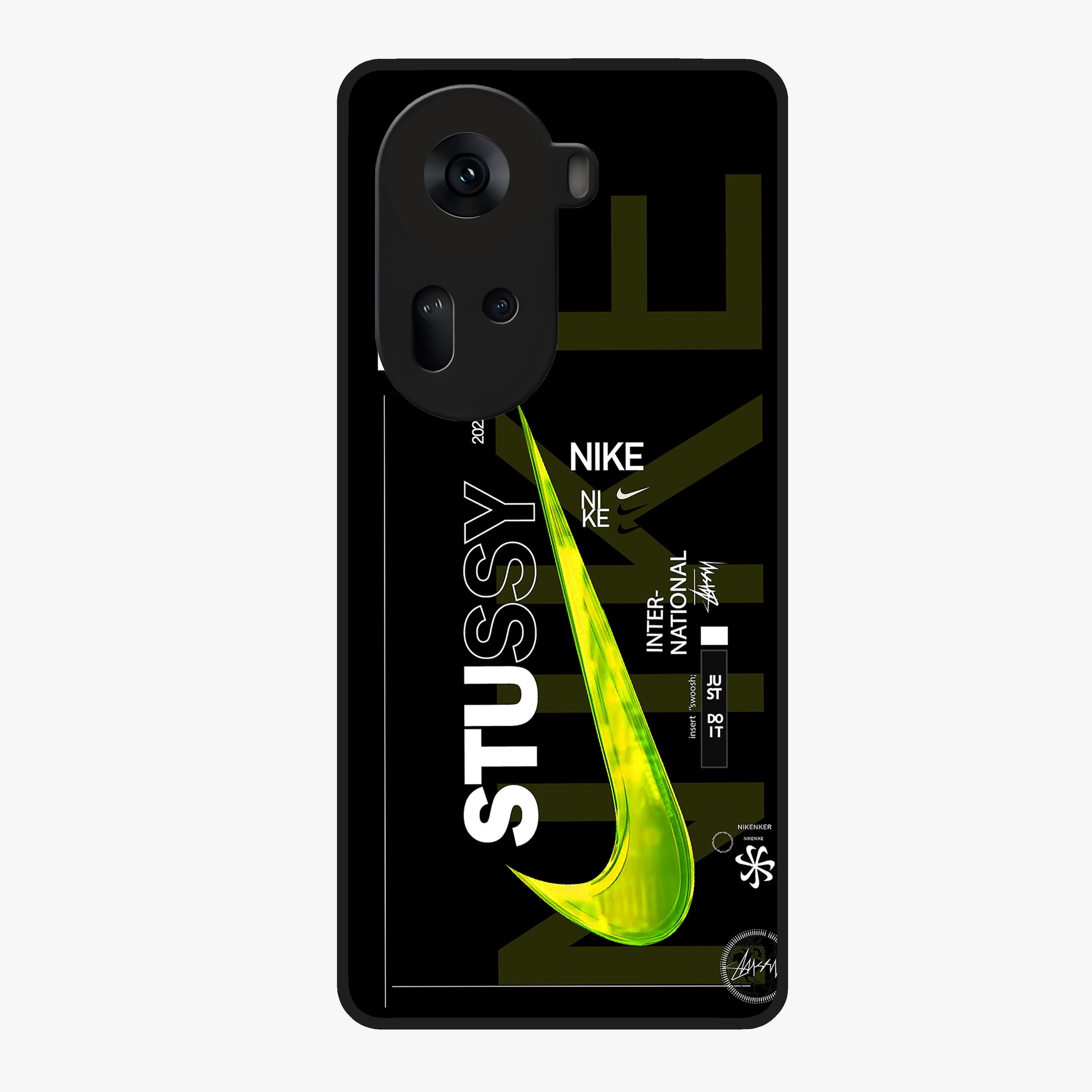 Neon Street Edition Glass Case showing flat back view with neon street style artwork and glossy glass finish.