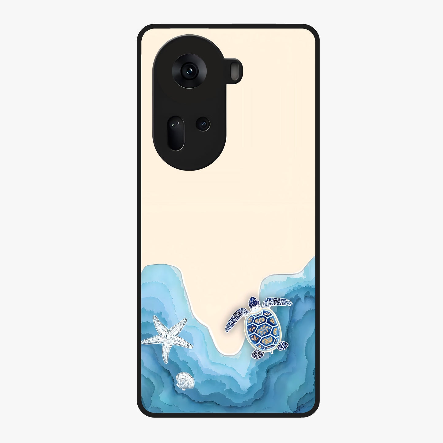 Ocean Drift Turtle Glass Case showing flat back view with sea turtle artwork and glossy glass finish.