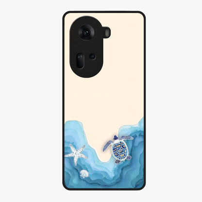 Ocean Drift Turtle Glass Case showing flat back view with sea turtle artwork and glossy glass finish.