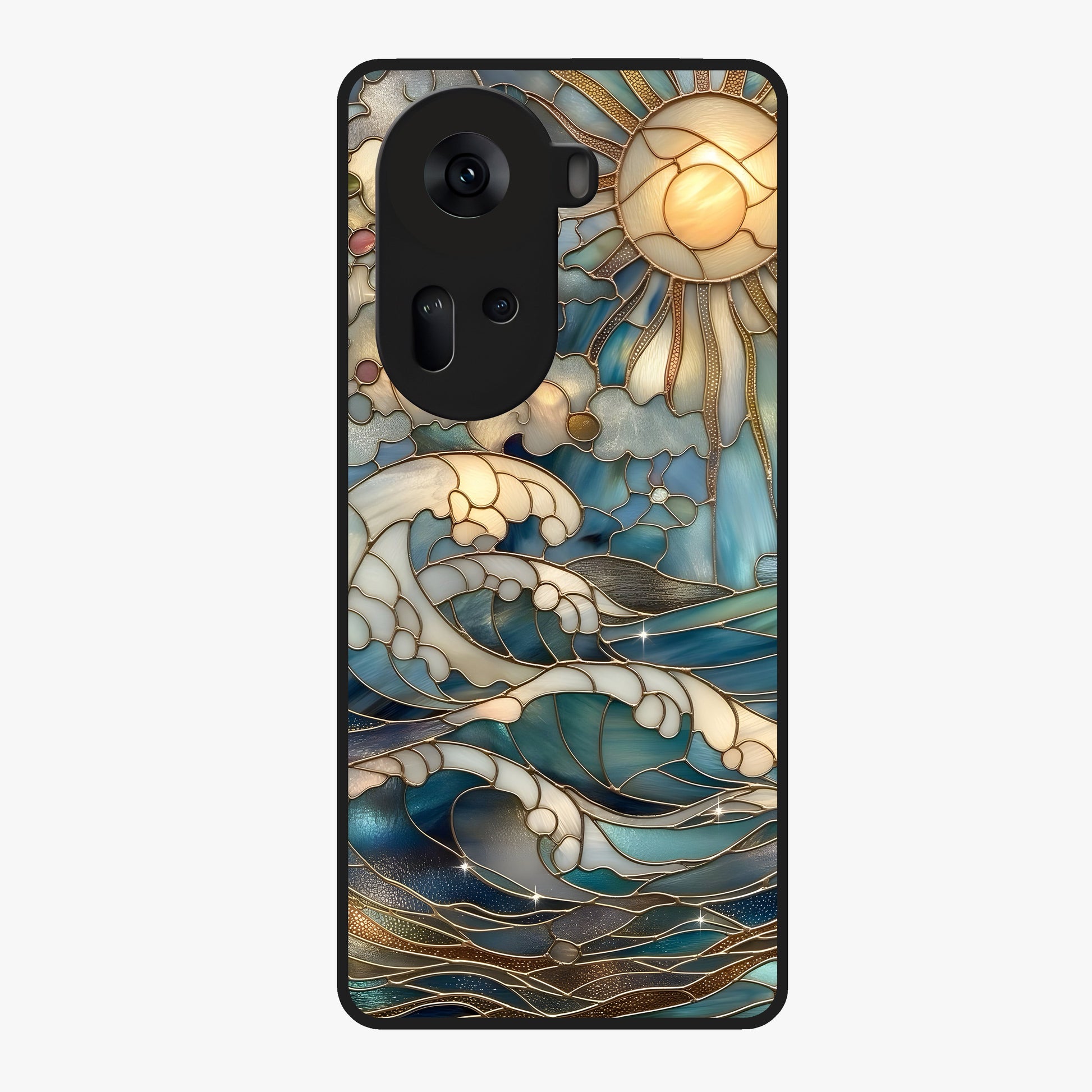 Oceanic Stained Printed Glass Case showing flat back view with ocean inspired stained pattern artwork and glossy glass finish.