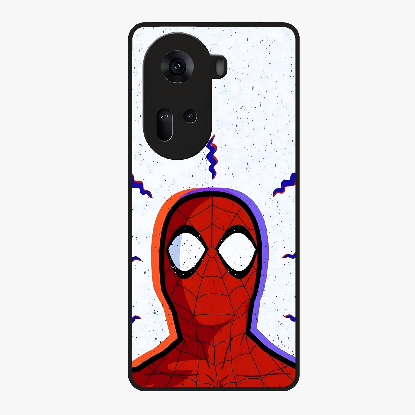 Omg Spiderman Glass Case showing flat back view with bold superhero inspired artwork and glossy glass finish.