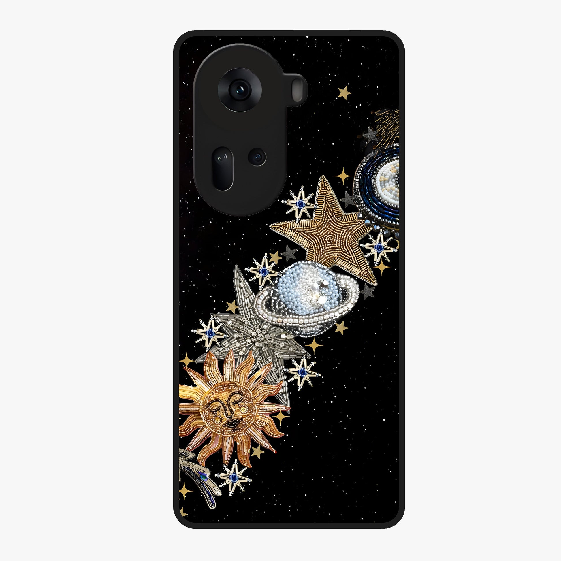 Pearls Universe Object Glass Case showing flat back view with pearl inspired cosmic artwork and glossy glass finish.