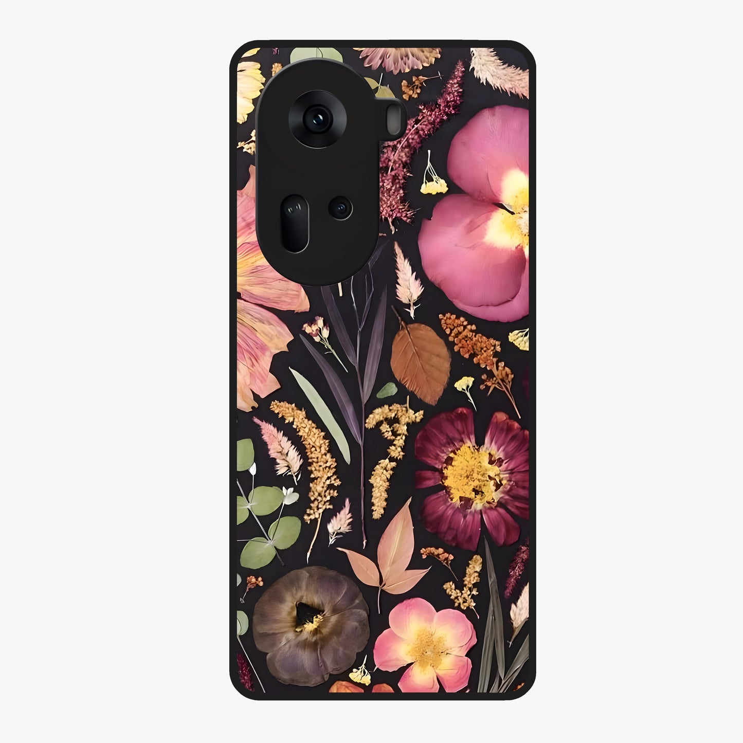 Petal Dream Tapestry Glass Case showing flat back view with intricate floral tapestry artwork and glossy glass finish.