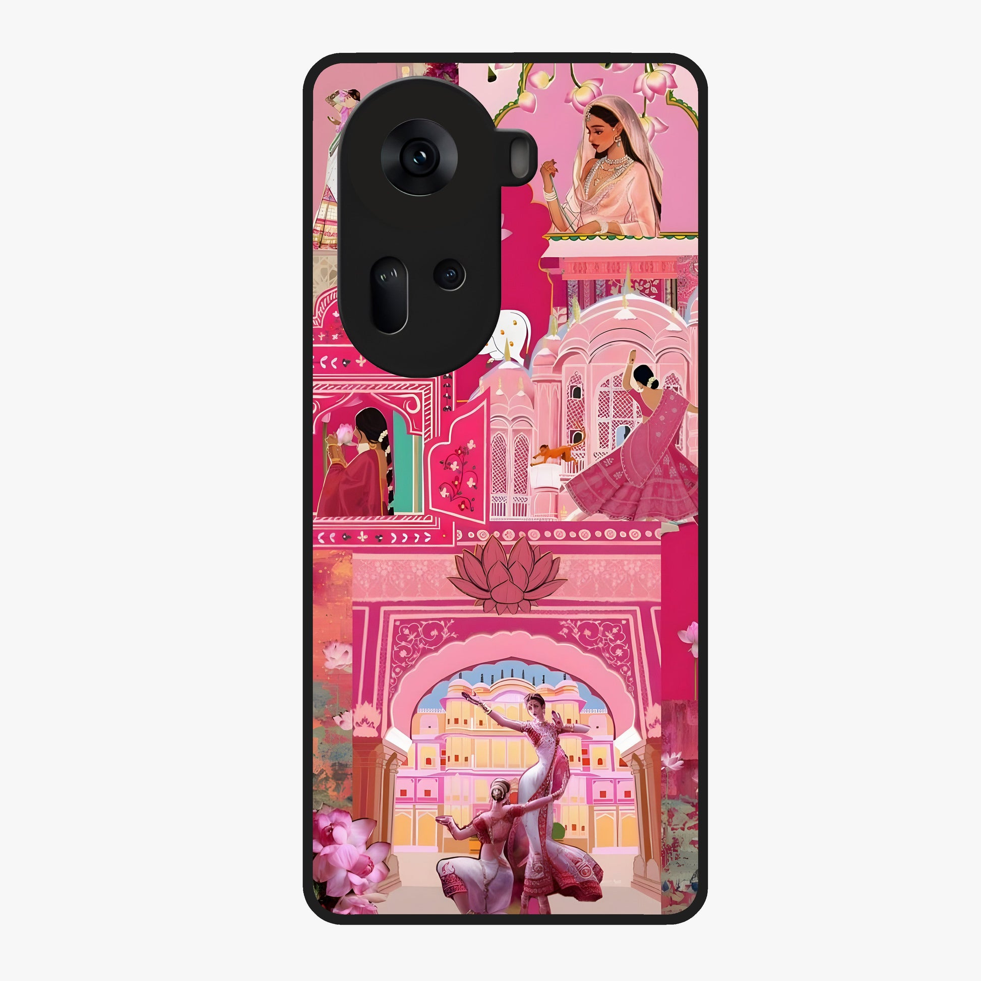 Pink Palace Muse Glass Case showing flat back view with elegant palace inspired artwork and glossy glass finish.