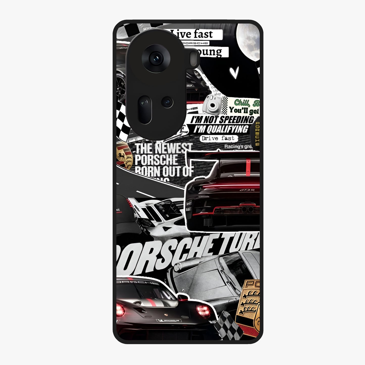 Porsche Racing Collage Glass Case showing flat back view with sports car racing collage artwork and glossy glass finish.