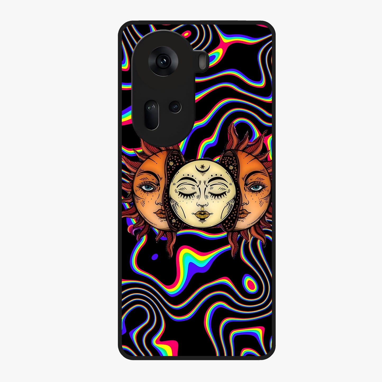 Psychedelic Sun Glass Case showing flat back view with colorful psychedelic sun artwork and glossy glass finish.