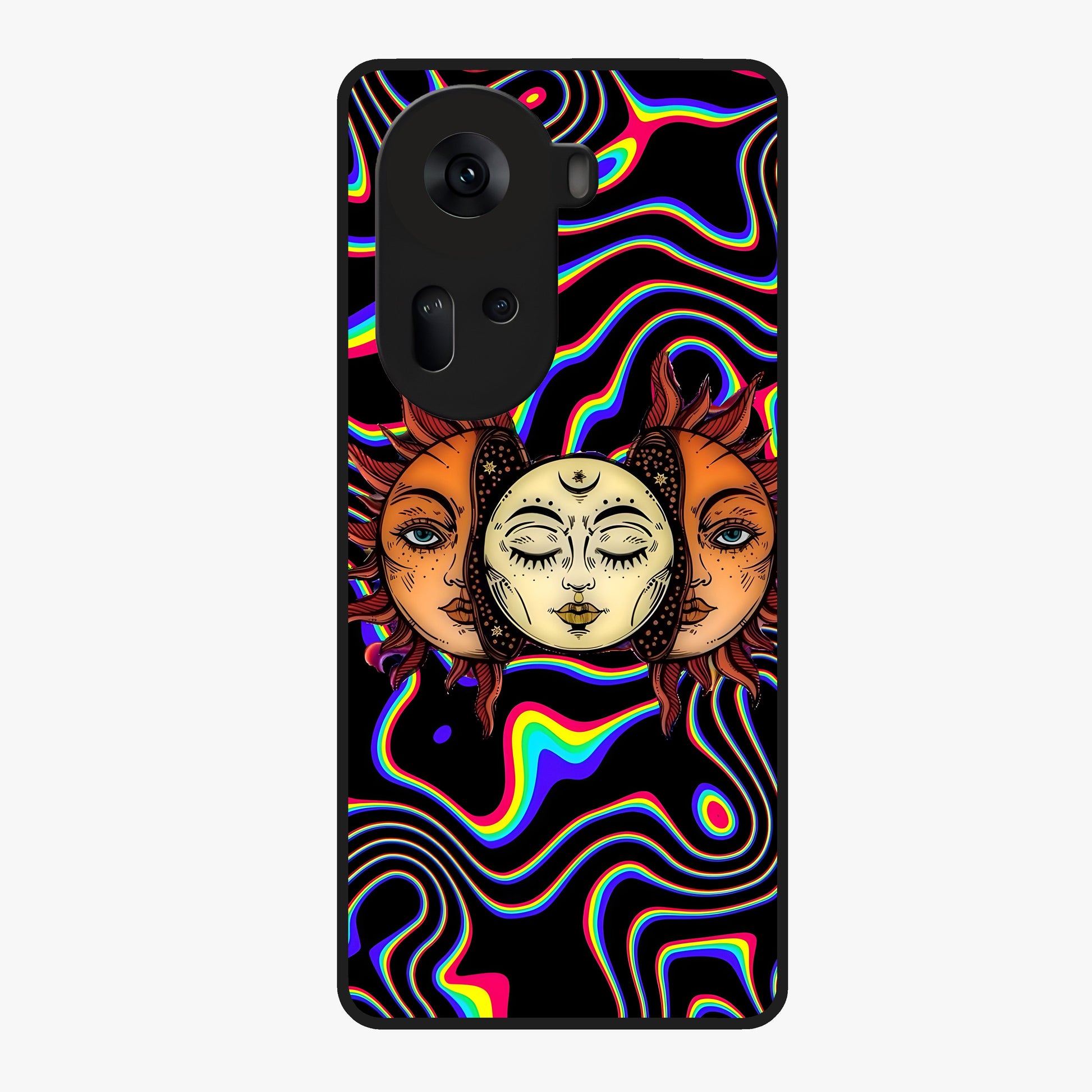 Psychedelic Sun Glass Case showing flat back view with colorful psychedelic sun artwork and glossy glass finish.