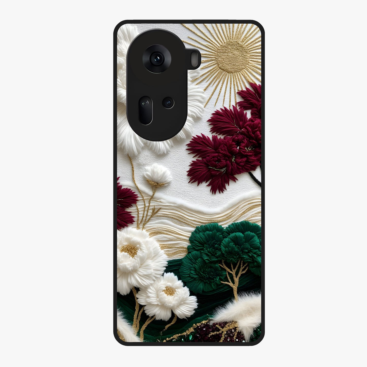 Radiant Bloom Elegance Glass Case showing flat back view with elegant blooming flower artwork and glossy glass finish.