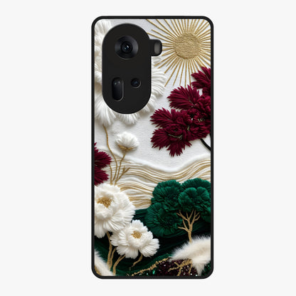 Radiant Bloom Elegance Glass Case showing flat back view with elegant blooming flower artwork and glossy glass finish.