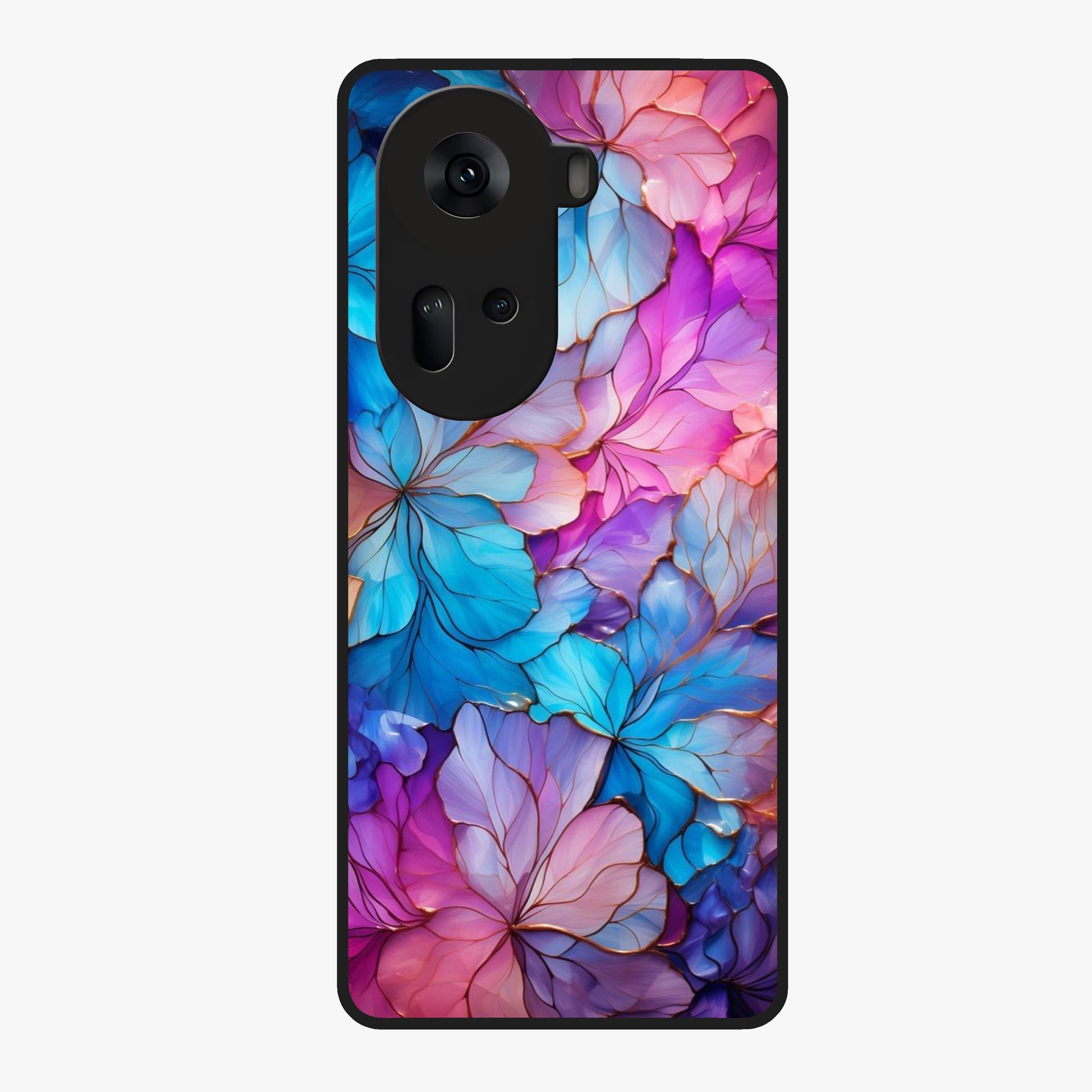 Radiant Floral Whirl Glass Case showing flat back view with swirling floral artwork and glossy glass finish.