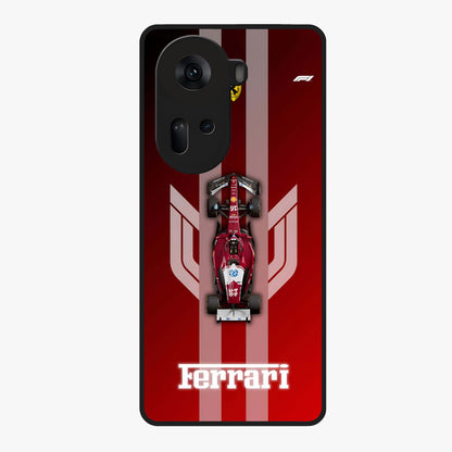 Red Ferrari F1 Vertical Glass Case showing flat back view with sleek Formula racing car artwork and glossy glass finish.