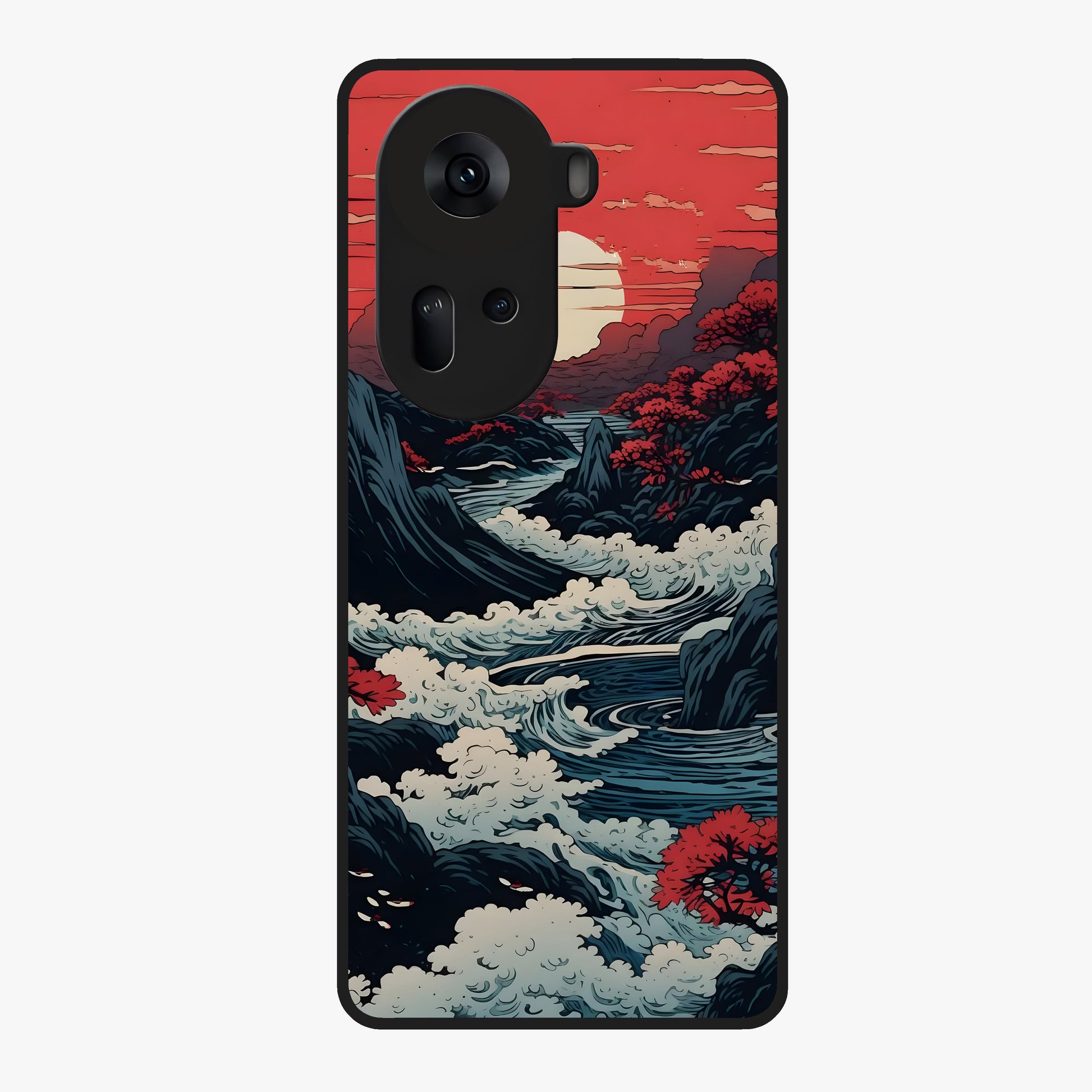 Red Sunset Scenery Glass Case showing flat back view with vibrant sunset landscape artwork and glossy glass finish.
