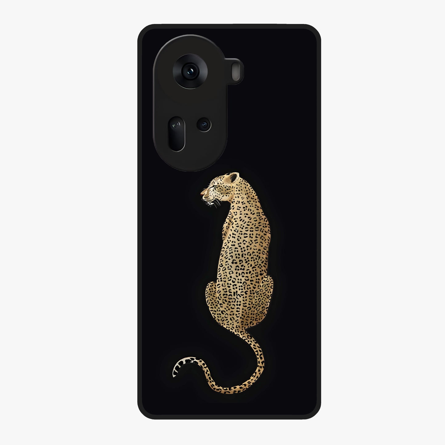 Regal Leopard Glass Case showing flat back view with bold leopard artwork and glossy glass finish.
