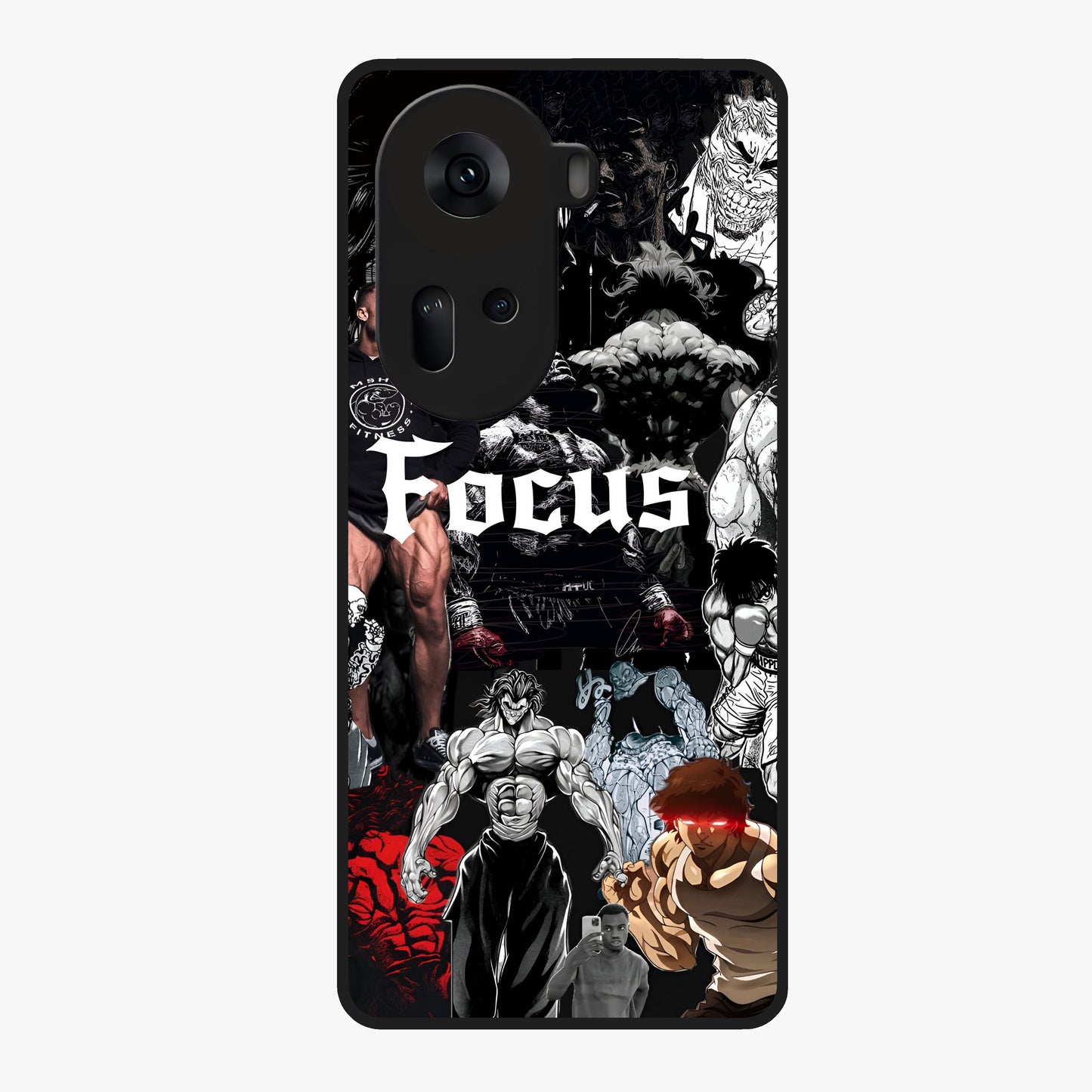 Relentless Power Focus Glass Case showing flat back view with motivational typography artwork and glossy glass finish.