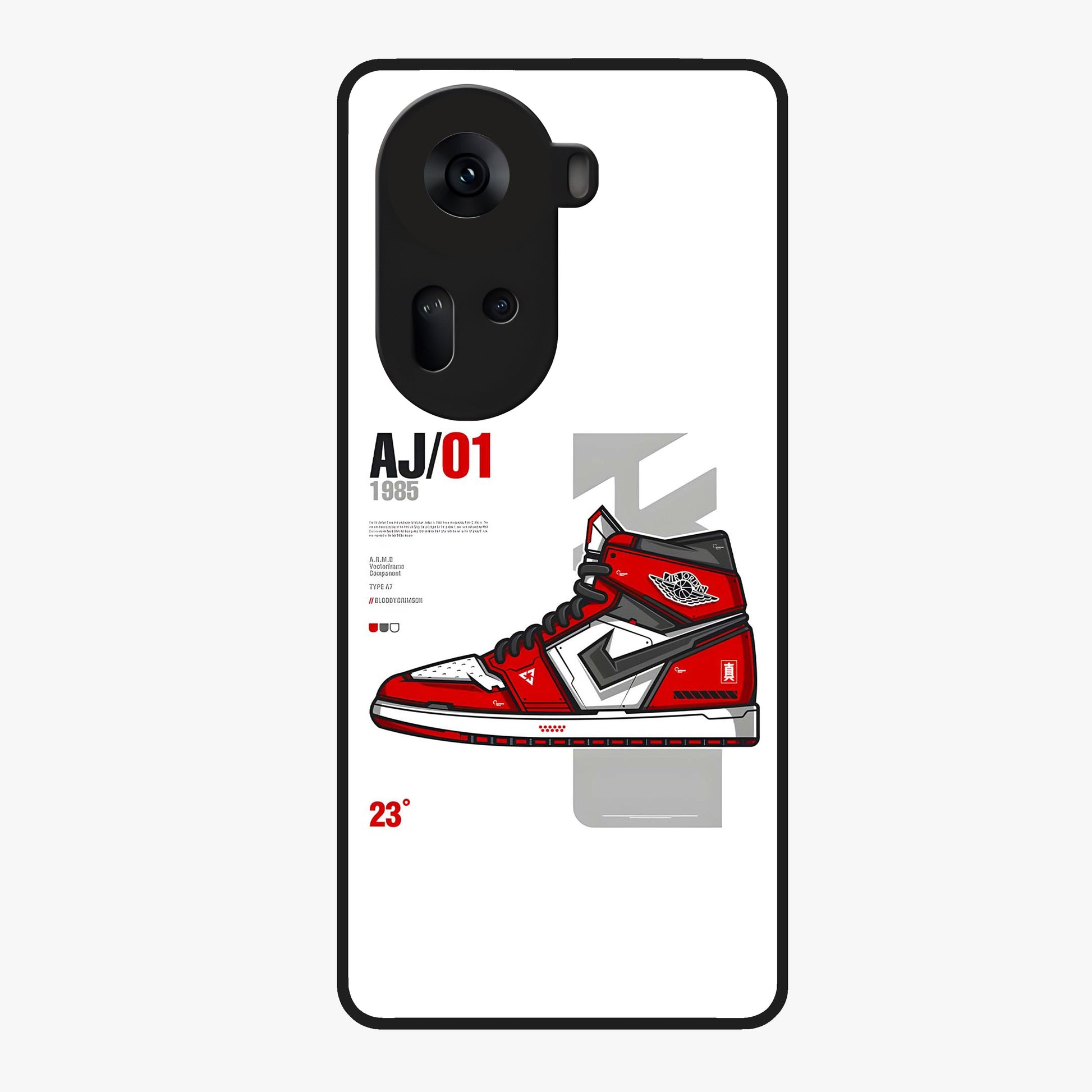 Retro Sneaker Blueprint Glass Case showing flat back view with sneaker blueprint style artwork and glossy glass finish.
