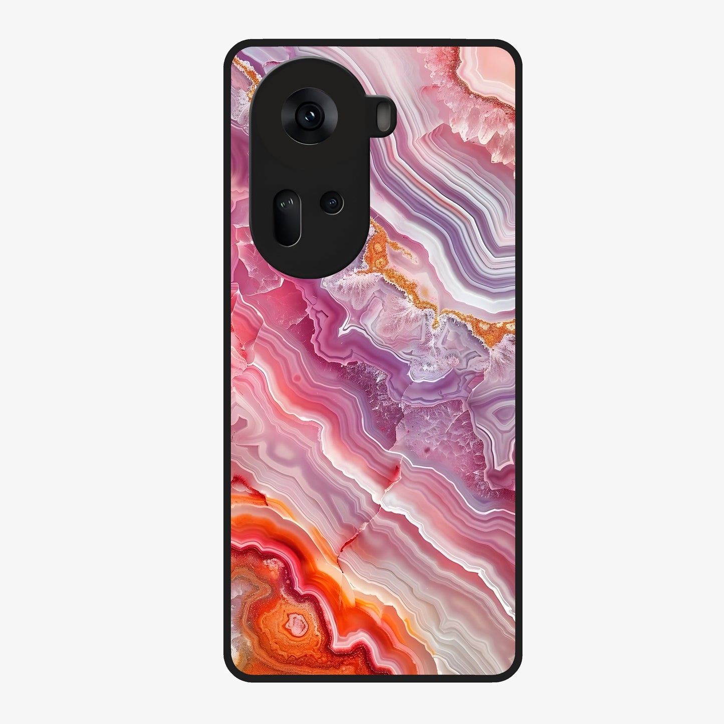 Rose Quartz Marble Glass Case showing flat back view with pink marble quartz texture artwork and glossy glass finish.