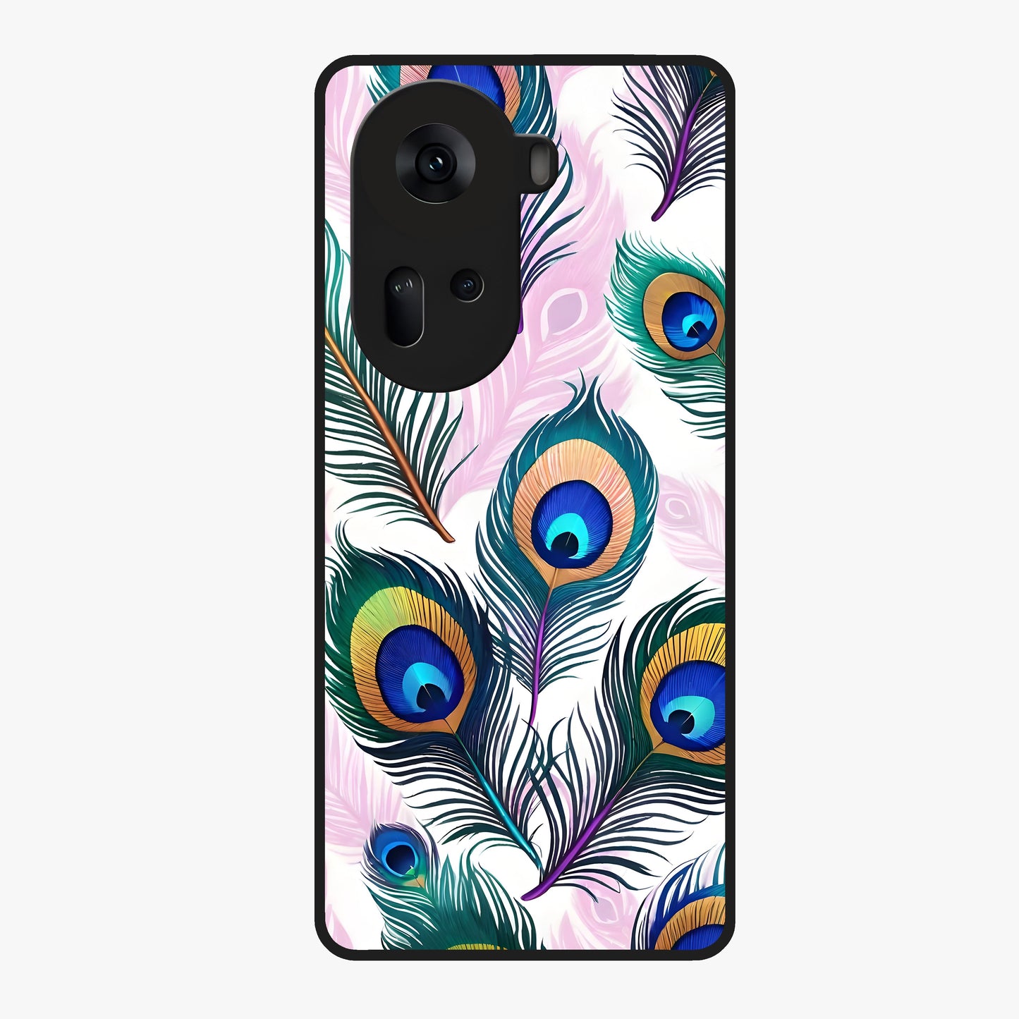 Royal Peacock Feathers Glass Case showing flat back view with colorful peacock feather artwork and glossy glass finish.