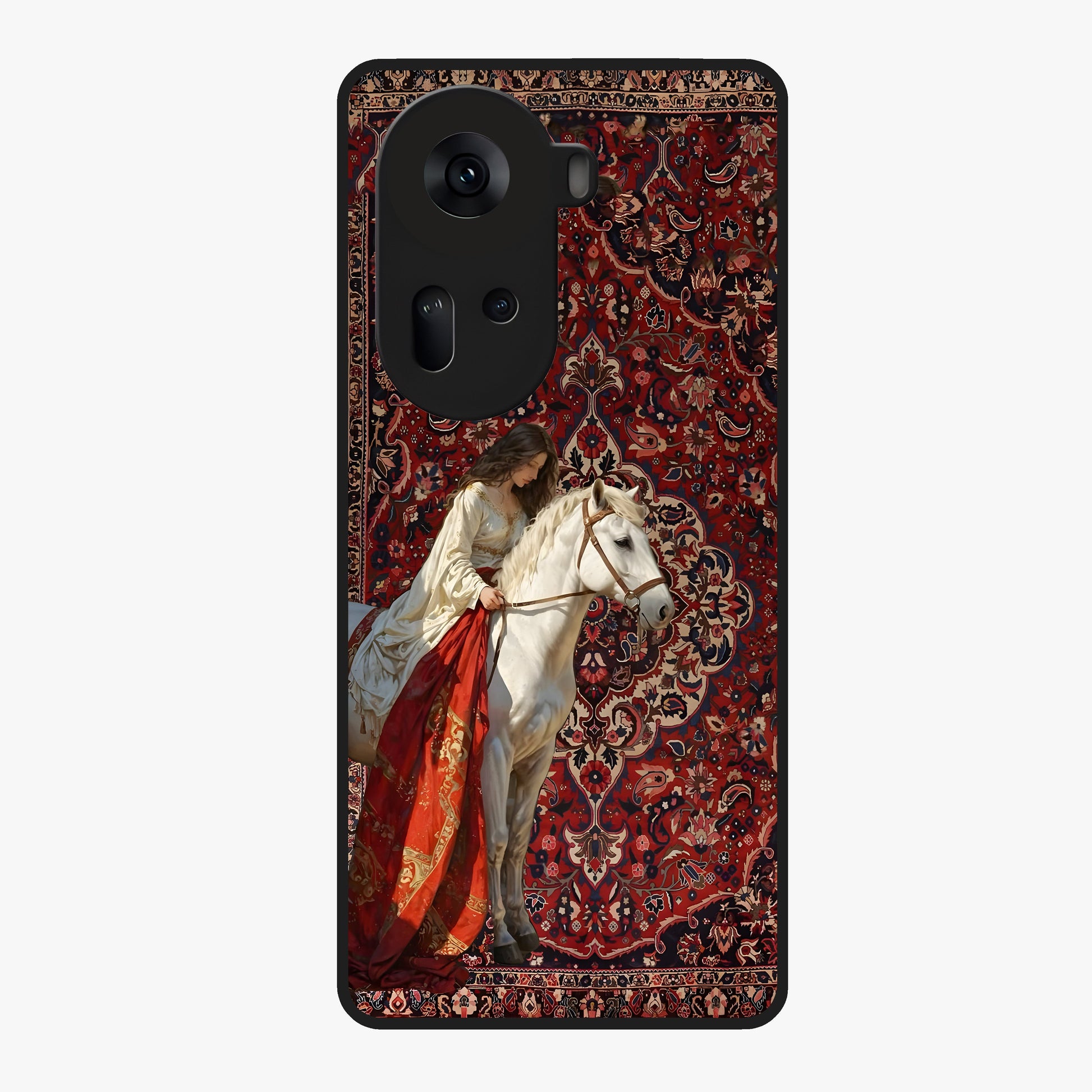 Royal Rider Tapestry Glass Case showing flat back view with majestic horse rider tapestry artwork and glossy glass finish.