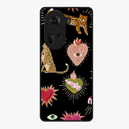 Sacred Jungle Heart Glass Case showing flat back view with jungle inspired heart artwork and glossy glass finish.