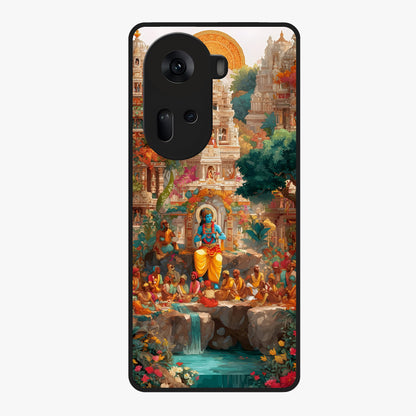 Sacred Sunlight Gods Glass Case showing flat back view with divine sunlight themed artwork and glossy glass finish.