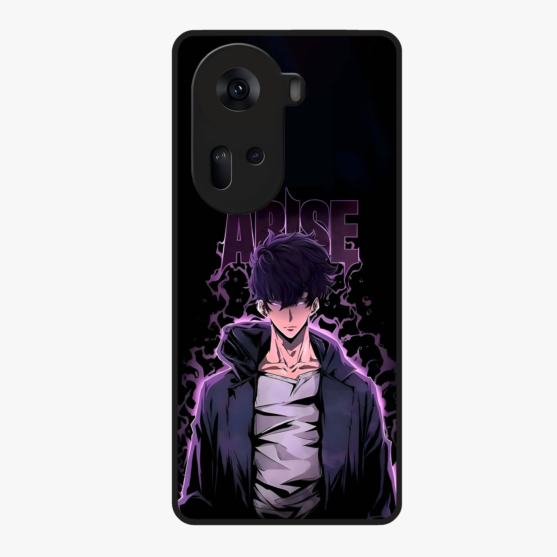Shadow Monarch Awakening Glass Case showing flat back view with powerful dark monarch themed artwork and glossy glass finish.