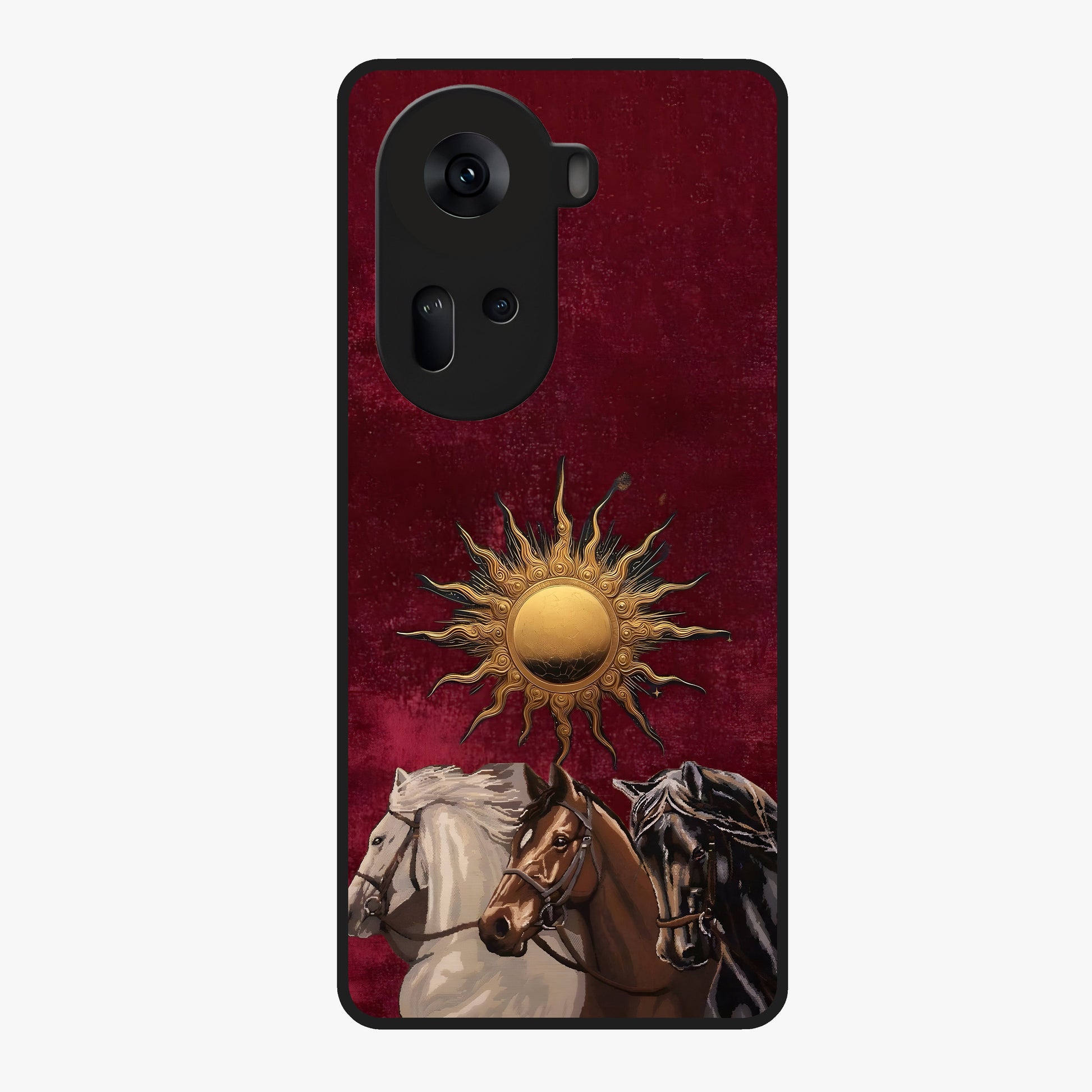 Solar Riders Glass Case showing flat back view with dynamic rider themed artwork and glossy glass finish.