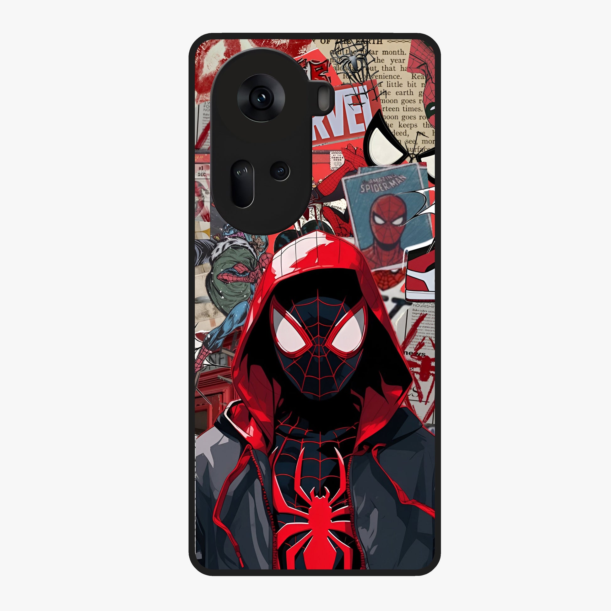 Spider Collage Street Glass Case showing flat back view with vibrant superhero collage artwork and glossy glass finish.