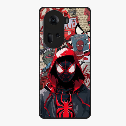Spider Collage Street Glass Case showing flat back view with vibrant superhero collage artwork and glossy glass finish.