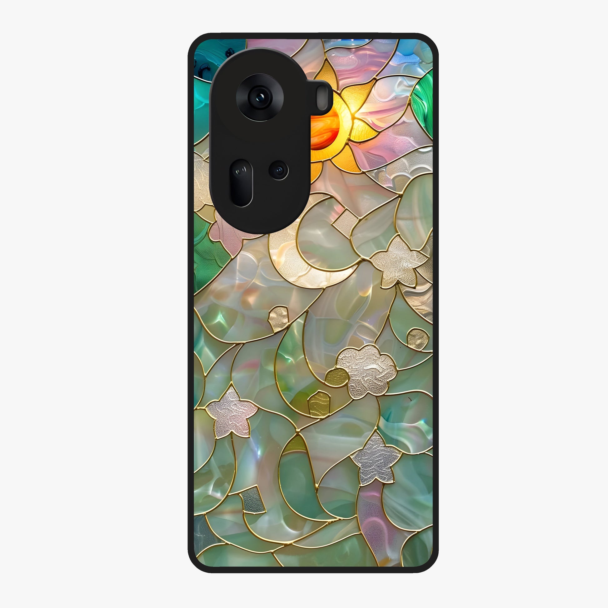 Stained Sunrise Glow Glass Case showing flat back view with glowing sunrise stained pattern artwork and glossy glass finish.