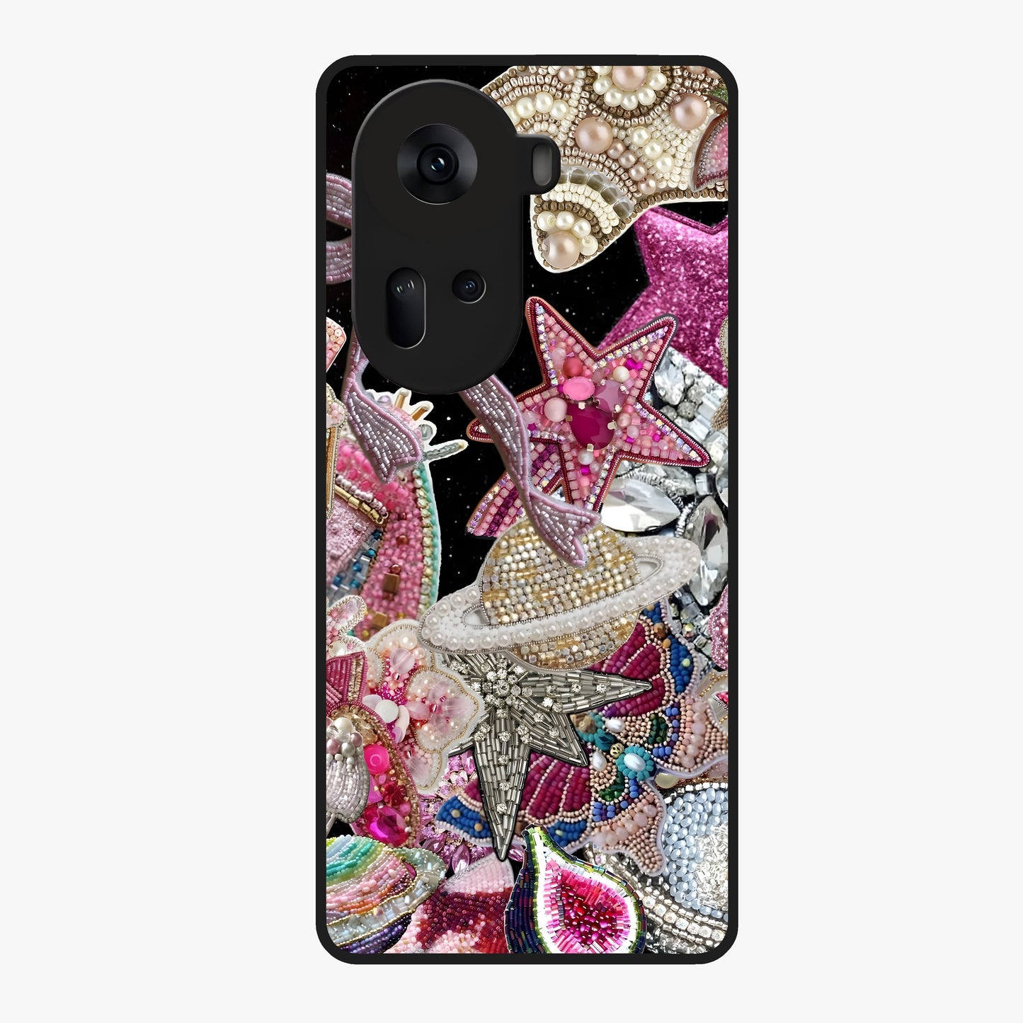 Starlit Jewel Dream Glass Case showing flat back view with sparkling jewel and star themed artwork and glossy glass finish.