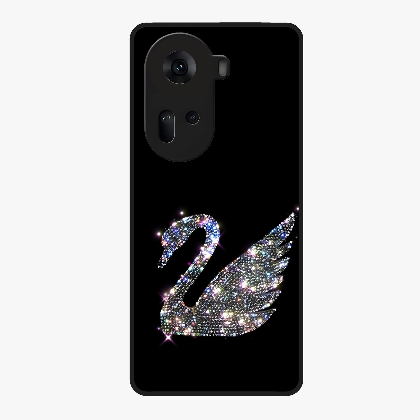 Starlit Swan Grace Glass Case showing flat back view with graceful swan artwork under starry sky and glossy glass finish.