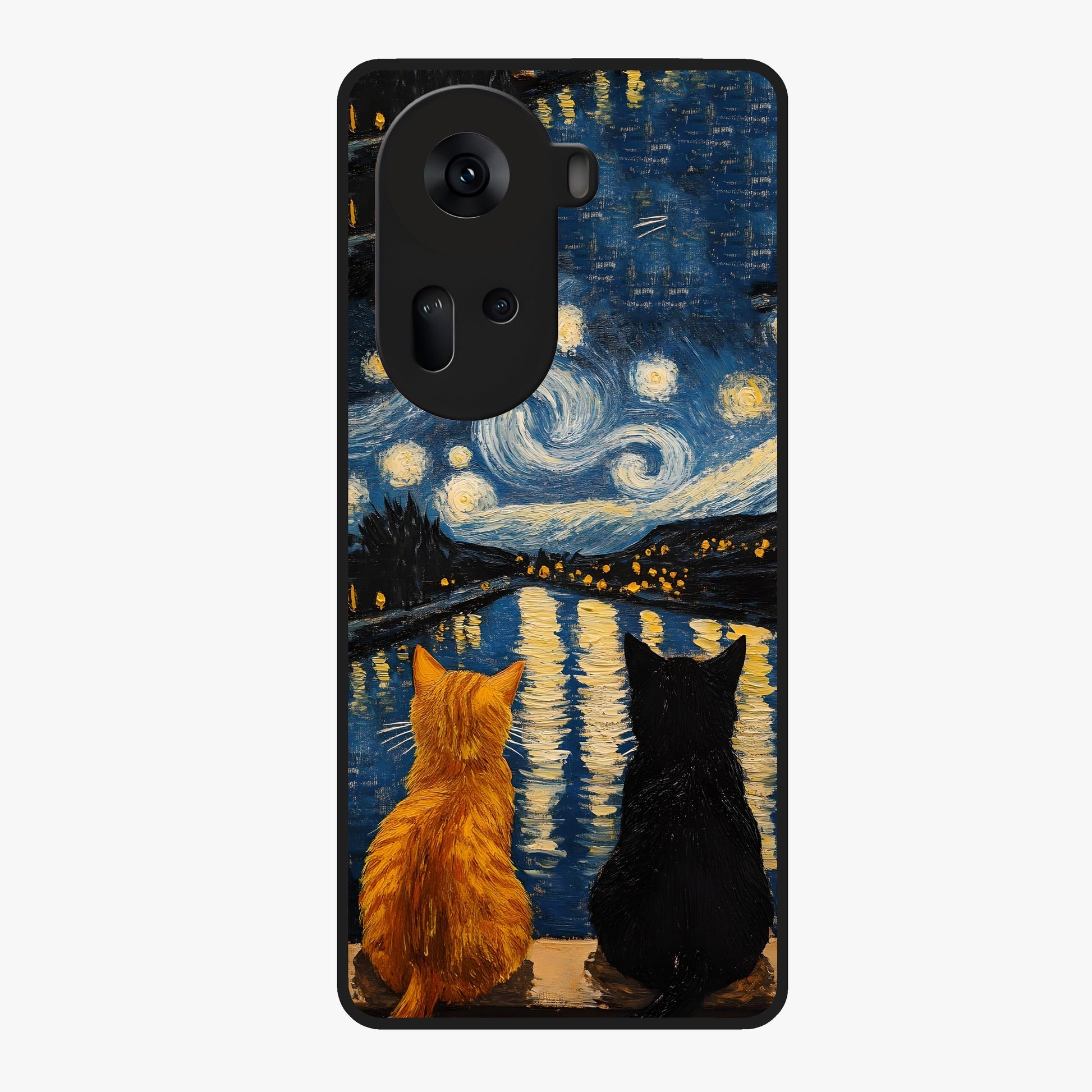 Starry River Cats Glass Case showing flat back view with cats by a starry river artwork and glossy glass finish.