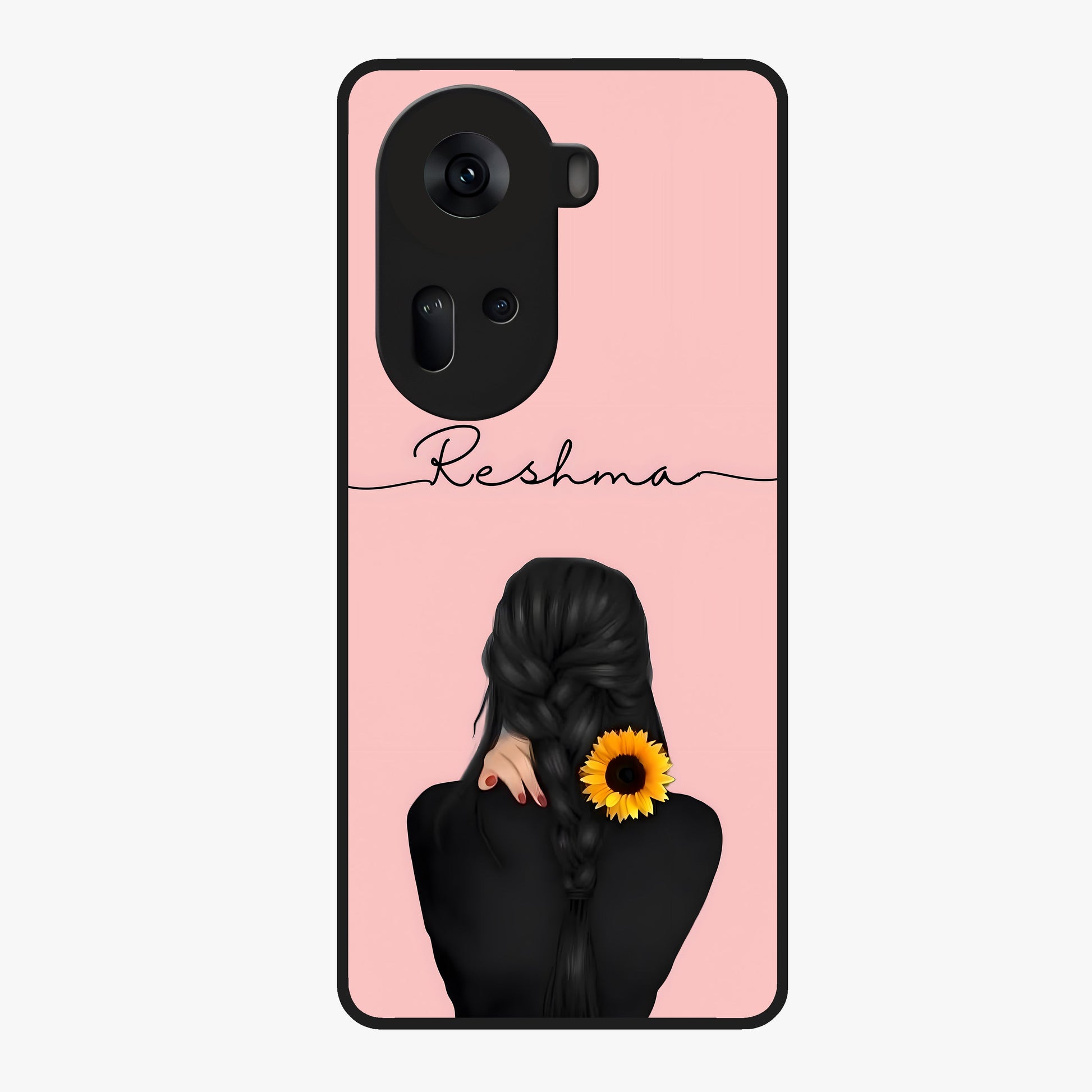 Sunflower Braid Beauty With Custom Name Glass Case showing flat back view with sunflower braid artwork and personalized name design.