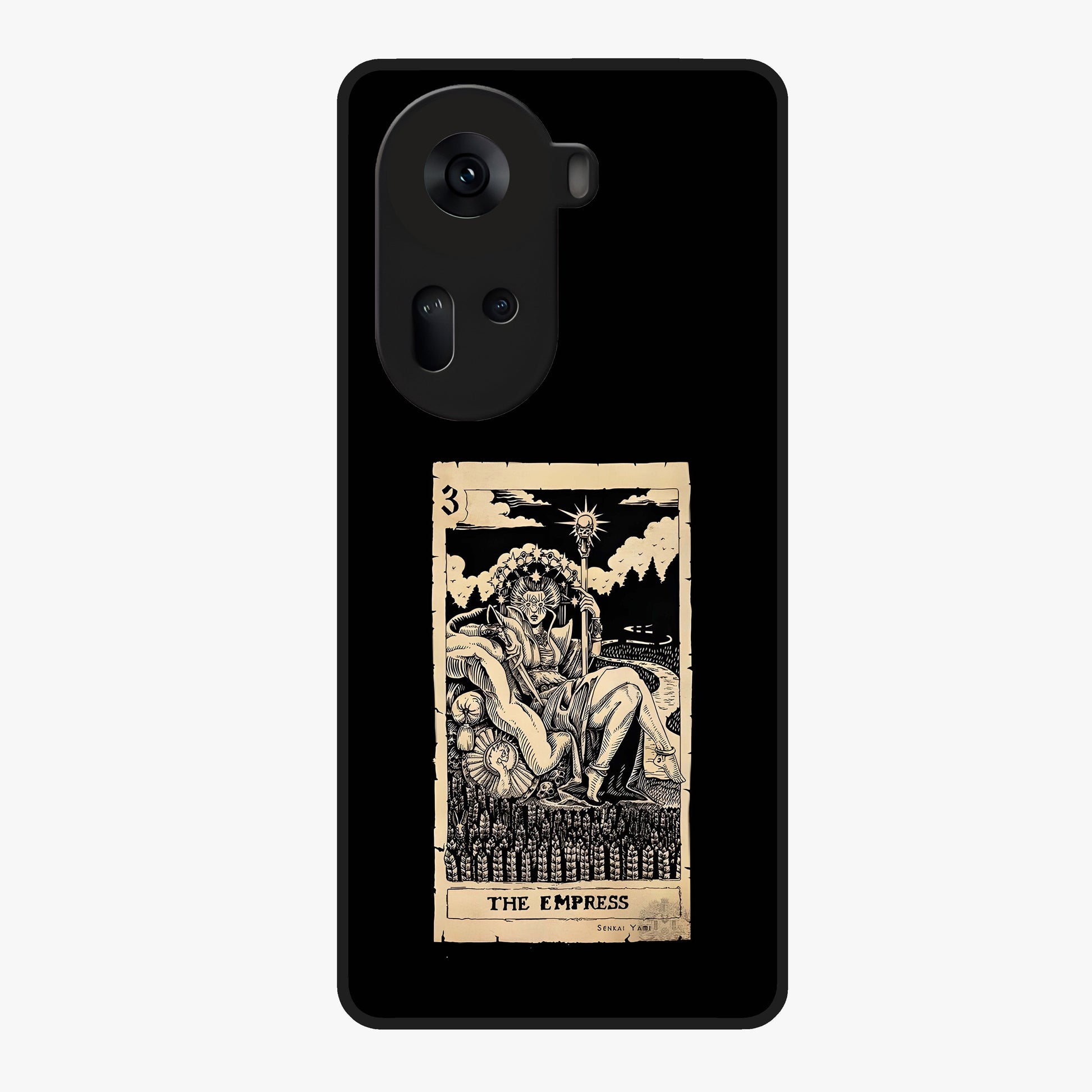 The Empress Glass Case showing flat back view with regal feminine artwork and glossy glass finish.