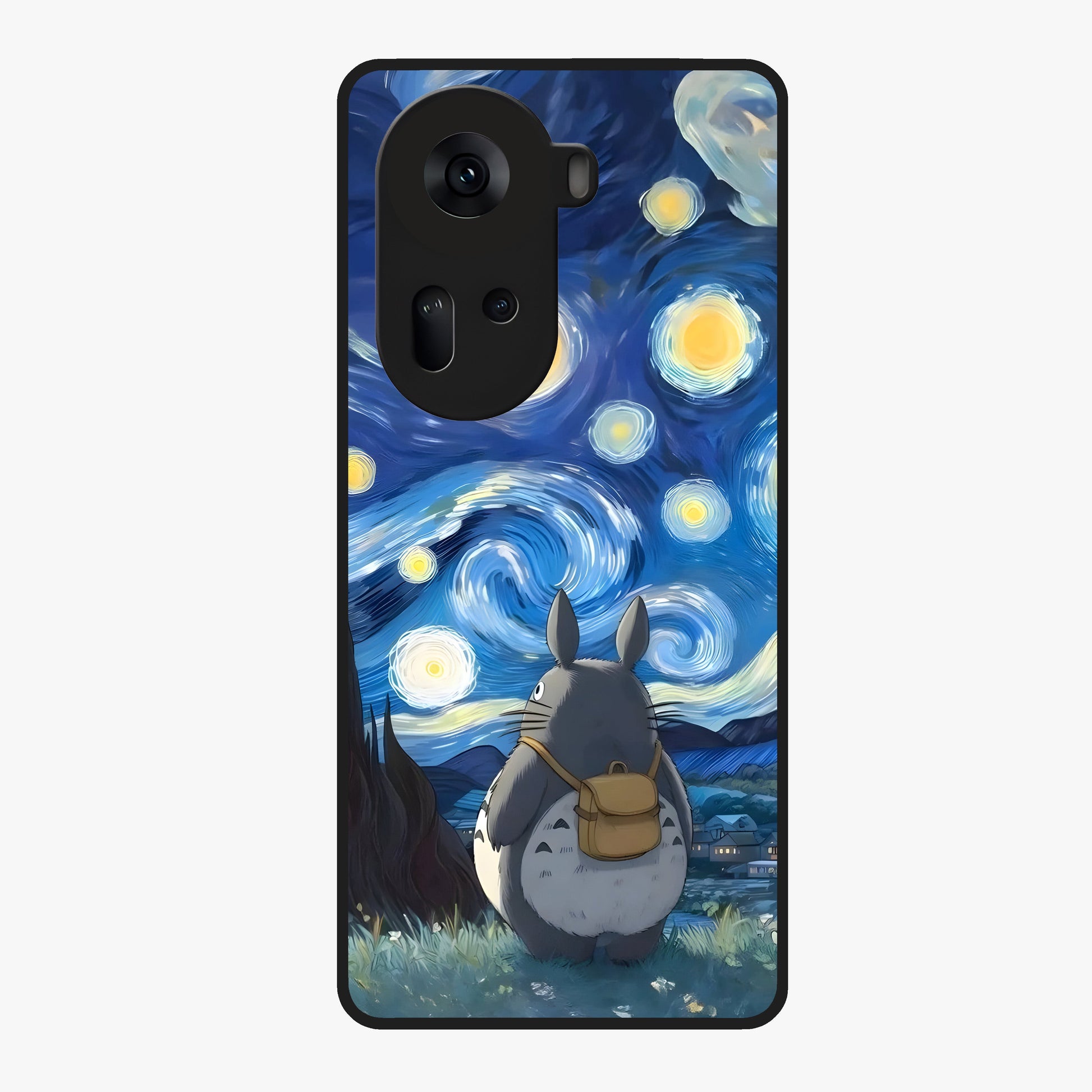 Totoro In Van Gogh Art Glass Case showing flat back view with whimsical character artwork inspired by Van Gogh style and glossy glass finish.