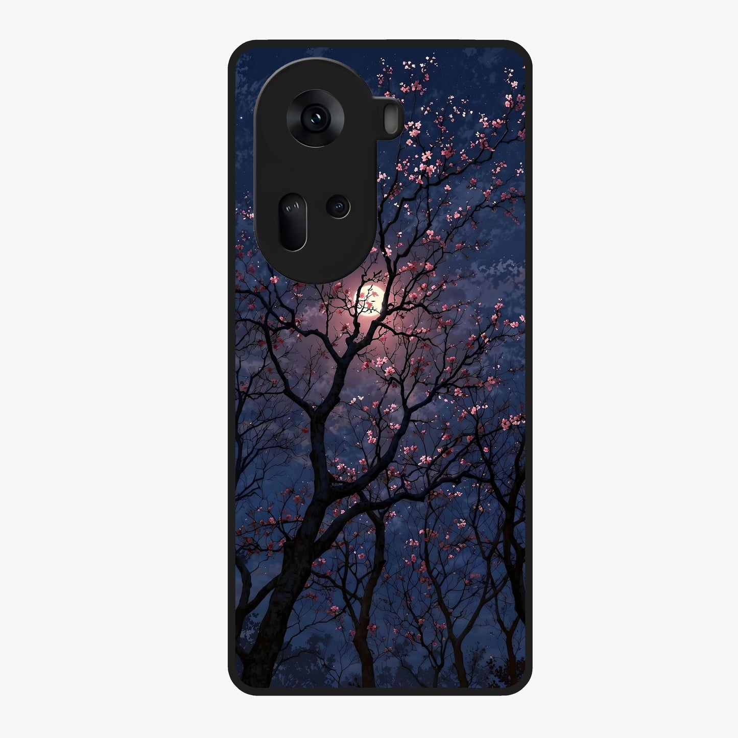 Twilight Sakura Serenade Glass Case showing flat back view with cherry blossom artwork at twilight and glossy glass finish.